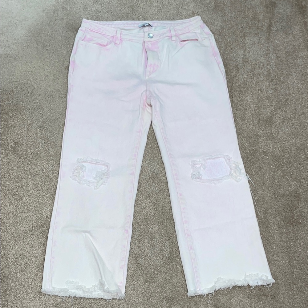 Fate Pink Ankle Cropped Jeans with Distressed Details